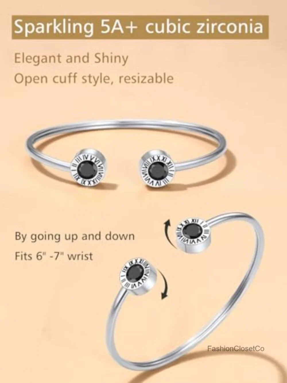 Stainless Steel Cuff Bracelet with Roman Numerals and Cubic Zirconia Birthstone